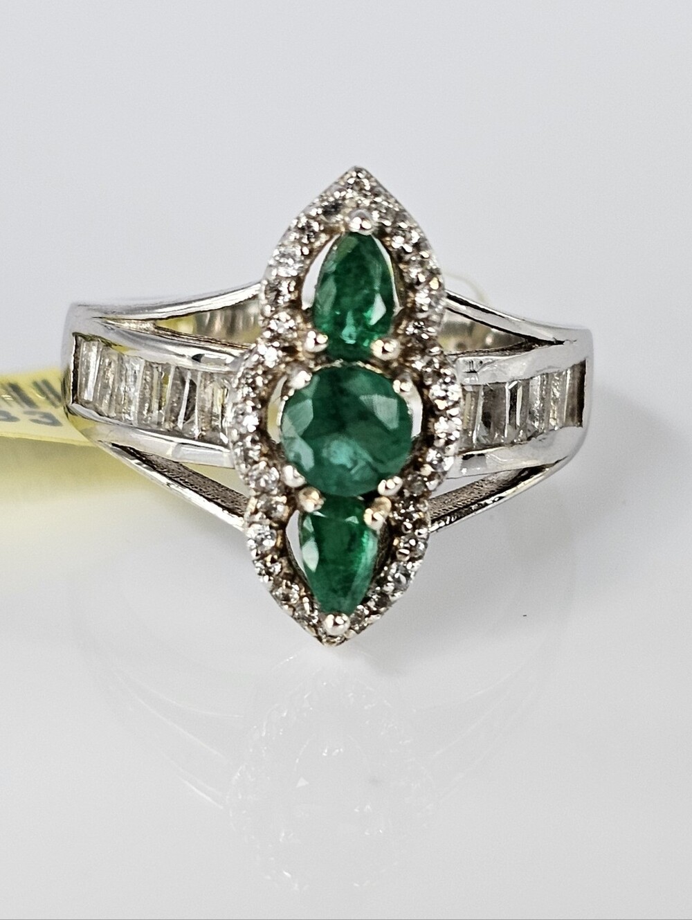 Natural Emerald & White Zircon Ring Sterling Silver Platinum Finish Size 7!